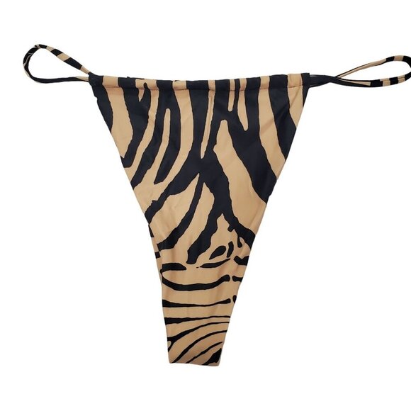 Matte Collection Tan Black Zebra High Cut Cheeky String Bikini Swim Bottoms L - Picture 3 of 3